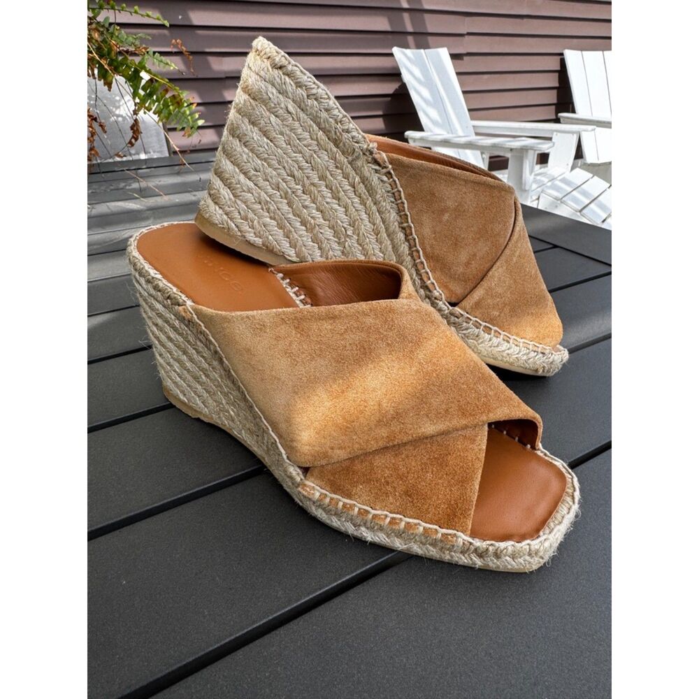 Vince Gaelan Tan Suede Espadrille Wedge SlipOn Sandals Square Peep Toe 6.5 Spain